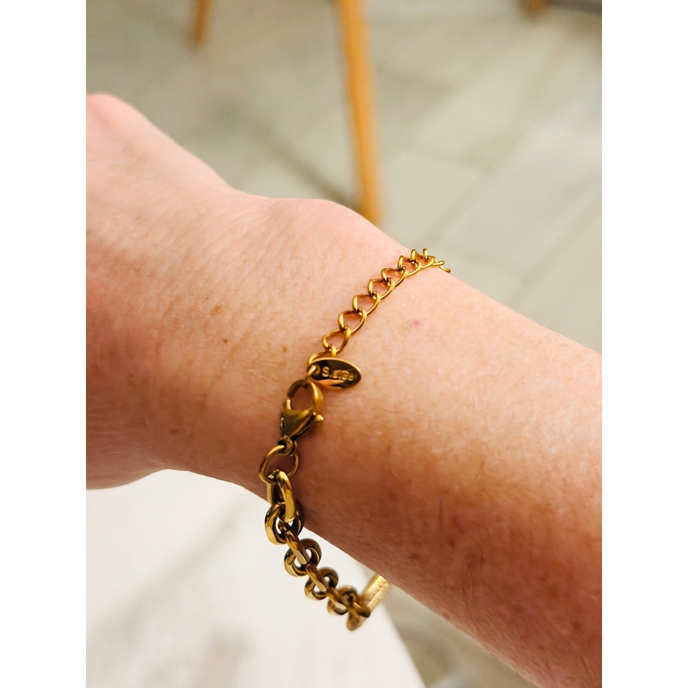 Gold Stainless Steel Pave Zircon Chain Link Bracelet Adjustable Lobster Clasp - Picture 4 of 6